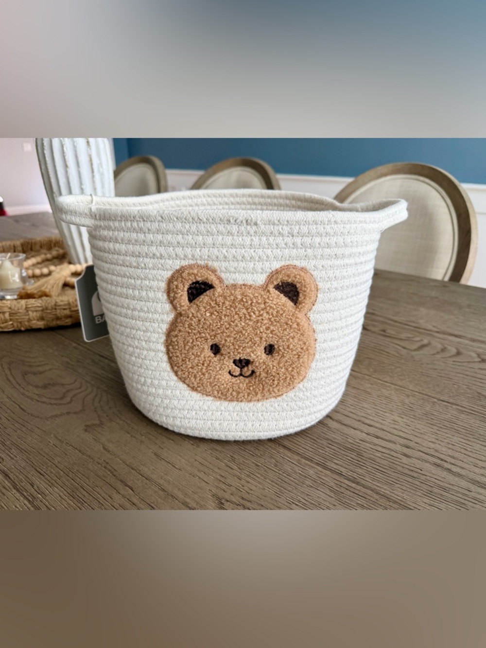 NWT! Cream Woven Basket with Embroidered Bear!